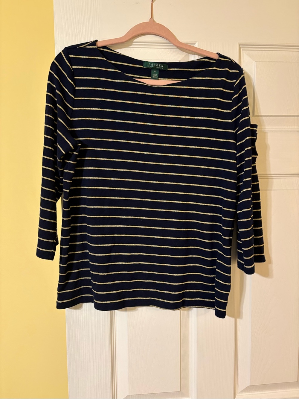 Ralph Lauren Navy and Cream Striped Boatneck Top